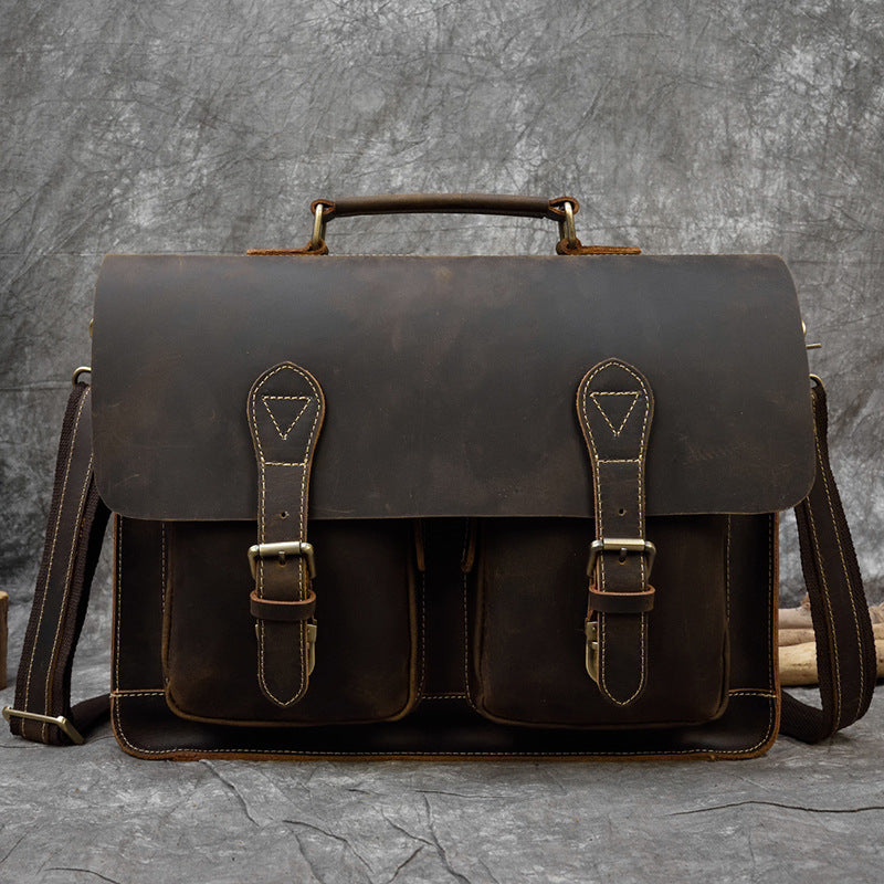 Zee Leather - Men's Leather Briefcase Retro Crazy Horse Leather Messenger Bag Computer Bag