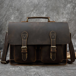 Zee Leather - Men's Leather Briefcase Retro Crazy Horse Leather Messenger Bag Computer Bag