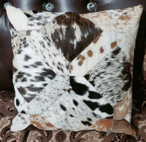 Cowhide Patchwork Cushion Covers (16 X 16 inch) | 100% Natural Hair on Cowhide Leather Pillow Cases | Real Cowhide Cushion Covers (Tricolor 3)