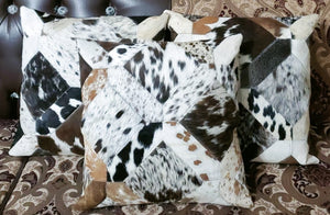 Cowhide Patchwork Cushion Covers (16 X 16 inch) | 100% Natural Hair on Cowhide Leather Pillow Cases | Real Cowhide Cushion Covers (Tricolor 3)
