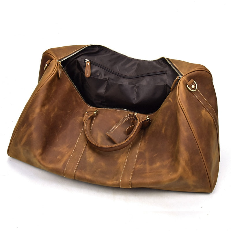 Zee Leather - Men's Crazy Horse Leather Travel Bag Cow Leather Big Travel Duffel Durable Cowhide Weekend Bag Man Genuine Leather Luggage Bag