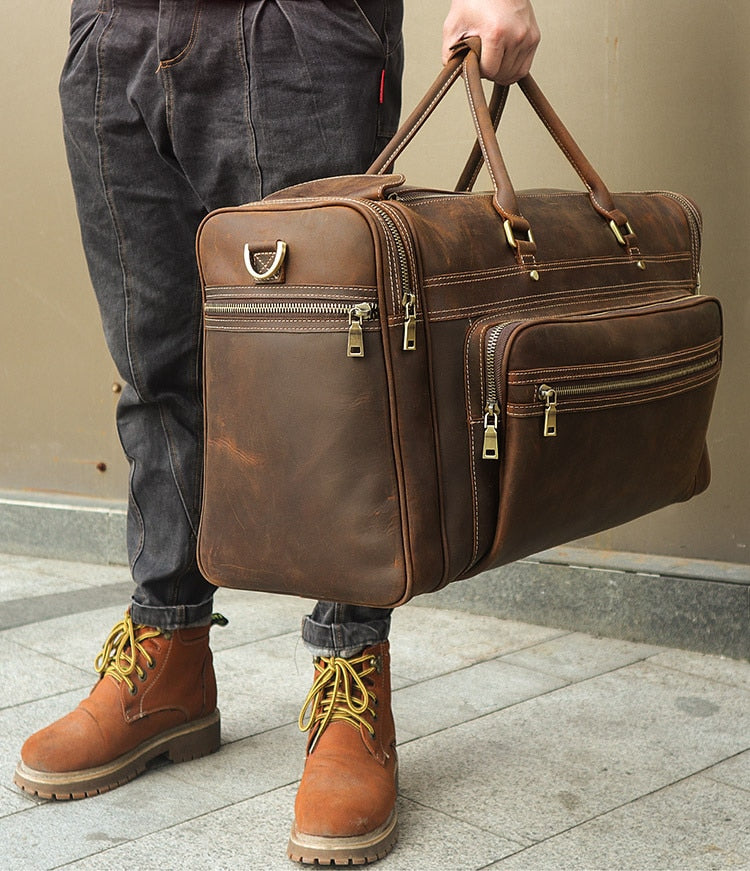 Zee Leather - Men's Crazy Horse Leather Travel Bag Cow Leather Big Travel Duffel Durable Cowhide Weekend Bag Man Genuine Leather Luggage Bag