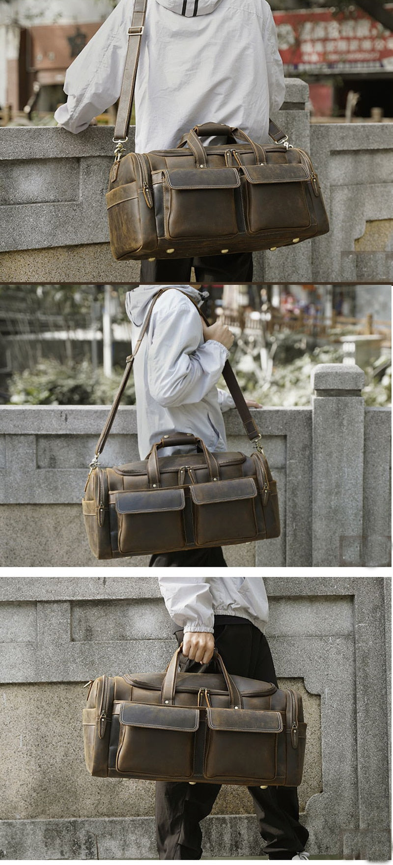 Zee Leather - Men's Crazy Horse Leather Travel Bag Cow Leather Big Travel Duffel Durable Cowhide Weekend Bag Man Genuine Leather Luggage Bag