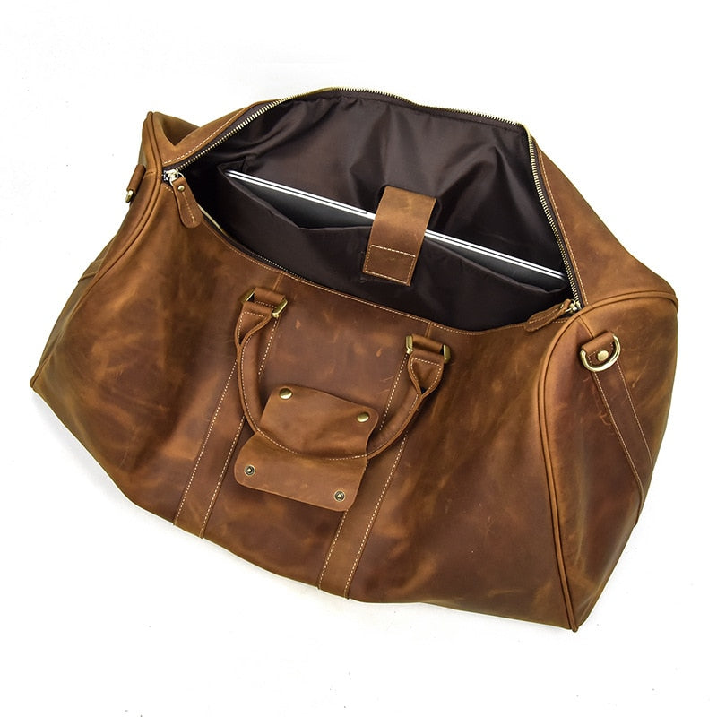 Zee Leather - Men's Crazy Horse Leather Travel Bag Cow Leather Big Travel Duffel Durable Cowhide Weekend Bag Man Genuine Leather Luggage Bag