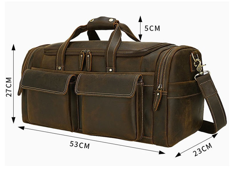 Zee Leather - Men's Crazy Horse Leather Travel Bag Cow Leather Big Travel Duffel Durable Cowhide Weekend Bag Man Genuine Leather Luggage Bag