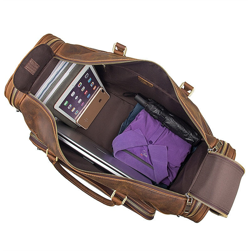 Zee Leather - Men's Crazy Horse Leather Travel Bag Cow Leather Big Travel Duffel Durable Cowhide Weekend Bag Man Genuine Leather Luggage Bag