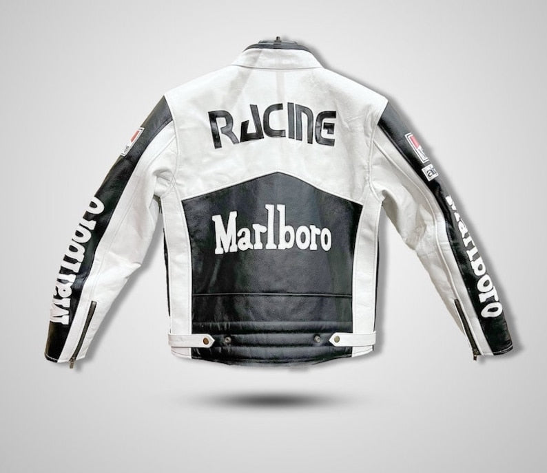 Black and White Marlboro Racing Leather Jacket Formula F1